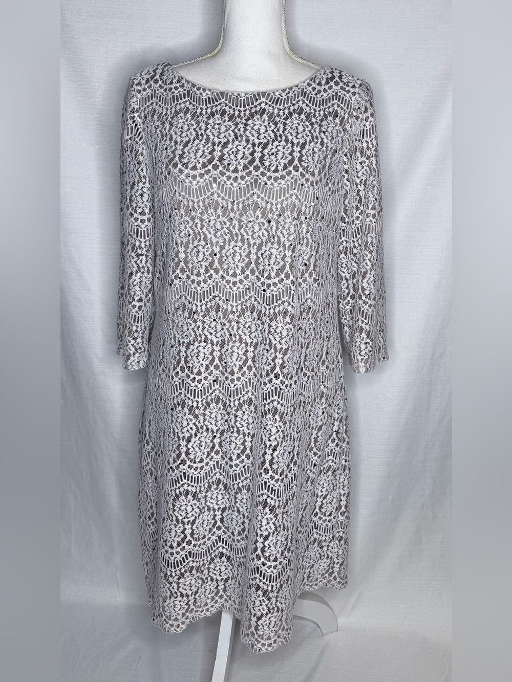 JH Evenings Womens 10 Lace Sequin Midi Dress Warm Taupe 3/4 Sleeve Formal